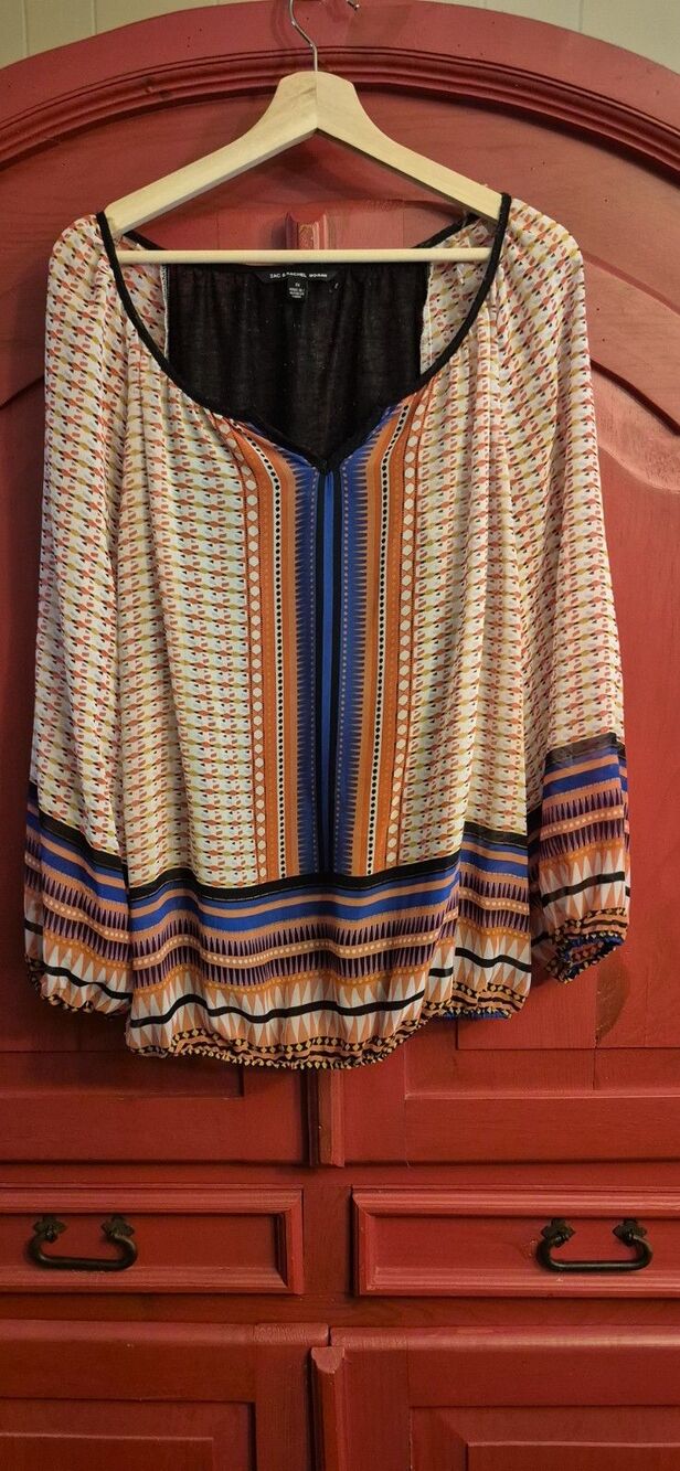 Zac And Rachel 2 XL Womens Multicolor Boho Pattern Tassel Tie Blouse Top Shirt